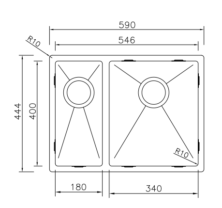 Anderhalve Spoelbak Keuken 59 cm onderbouw / vlakbouw - RVS spoelbak MIZZO Linea - Spoelunit 2 bakken