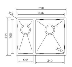 Anderhalve Spoelbak Keuken 59 cm onderbouw / vlakbouw - RVS spoelbak MIZZO Linea - Spoelunit 2 bakken