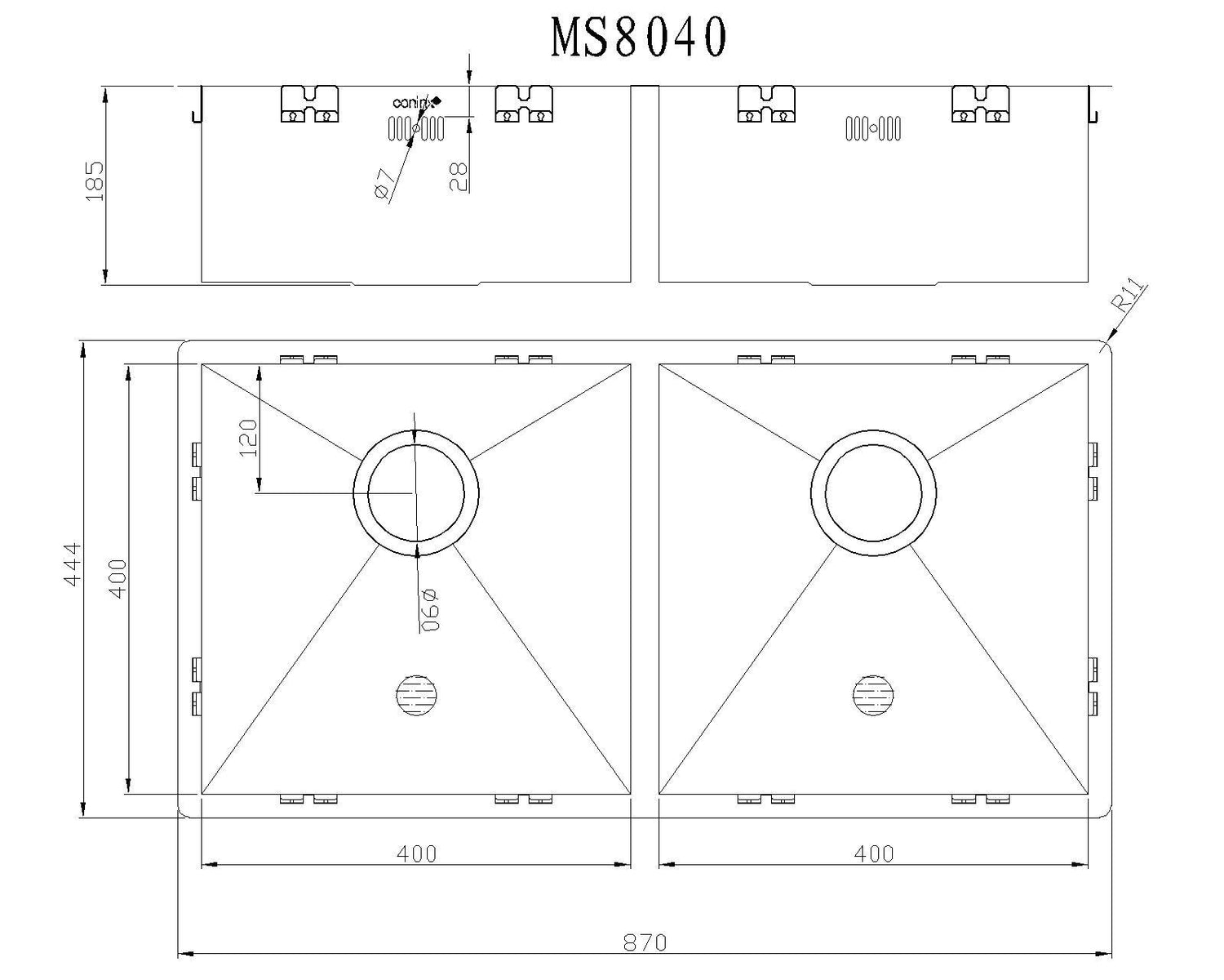 Grote Spoelbak Keuken 80cm Onderbouw / Vlakbouw - Moderne Keuken Spoelbak MIZZO Quadro - Dubbele Spoelbak- RVS Spoelunit