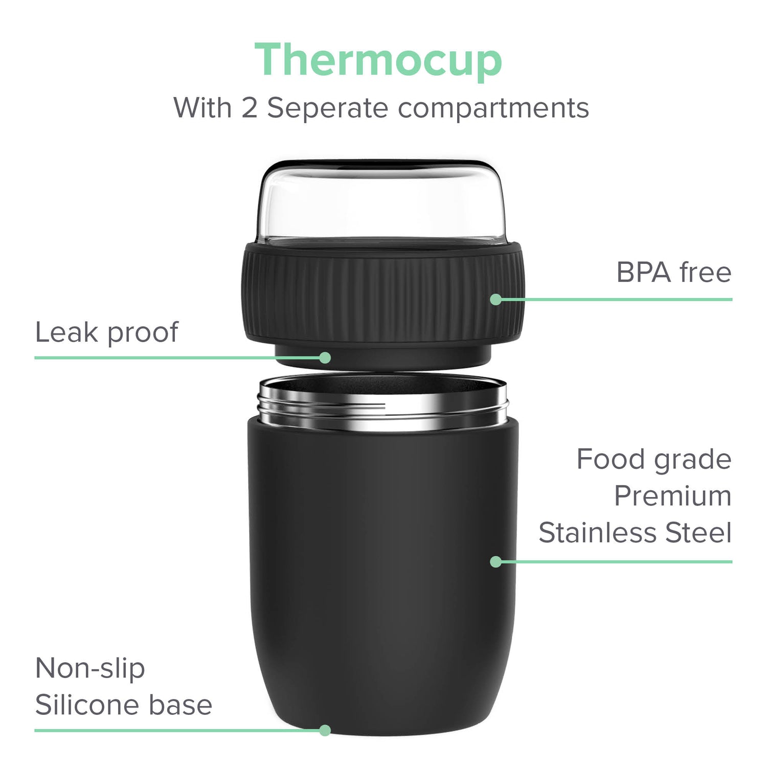Coninx Thermos food container - Warming container food for at home and on the go - Thermos food box leak-proof - Thermos mug 840ml black