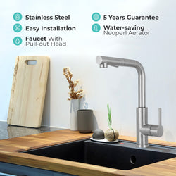 Keukenkraan met Uittrekbare Uitloop Mizzo Mauro - Keukenkraan RVS Uittrekbare Sproeikop - Mengkraan Keuken Hoge Uitloop