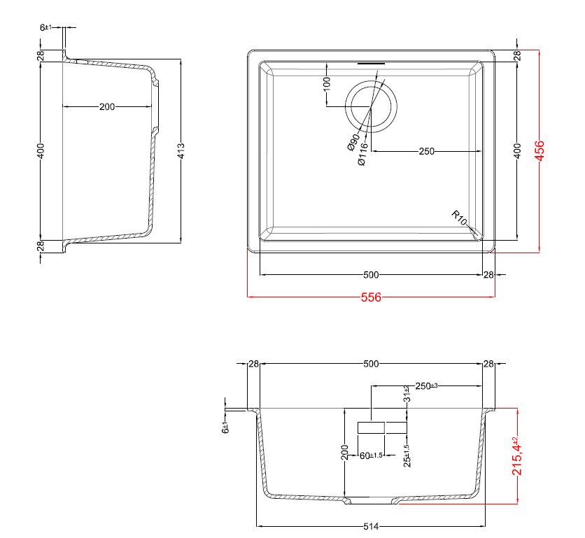 Composiet Zwarte Spoelbak 50 cm onderbouw/opbouw Mizzo Ambro- Spoelbak Zwart Keuken