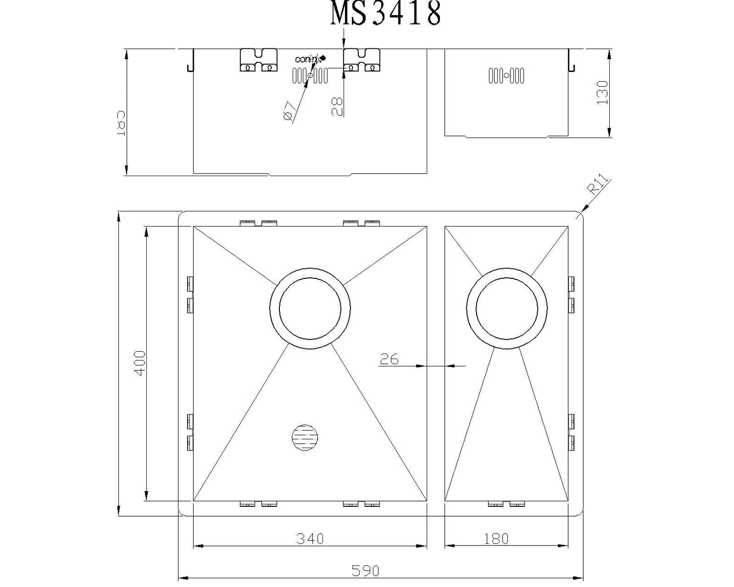 Anderhalve Spoelbak Keuken 59 cm Onderbouw / Vlakbouw - Moderne Keuken Spoelbak MIZZO Quadro - Spoelunit met 2 bakken