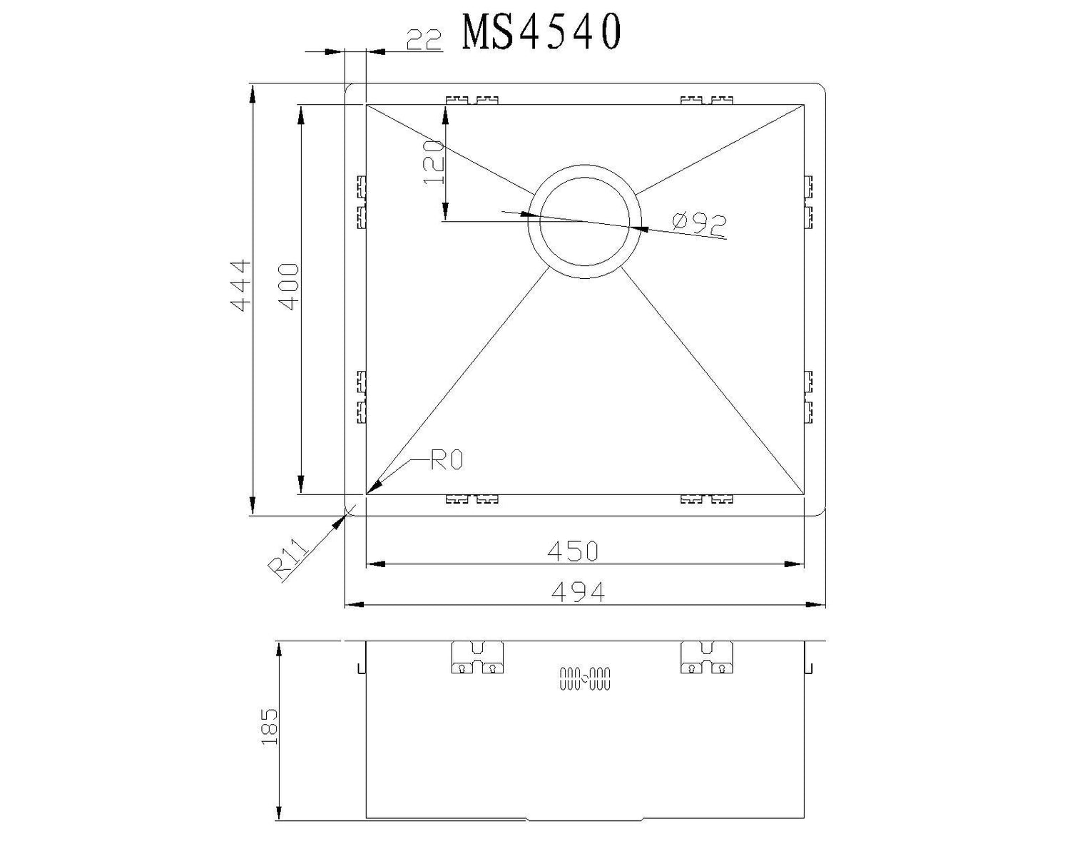 MIZZO Quadro rvs spoelbak 45-40 onderbouw / inleg